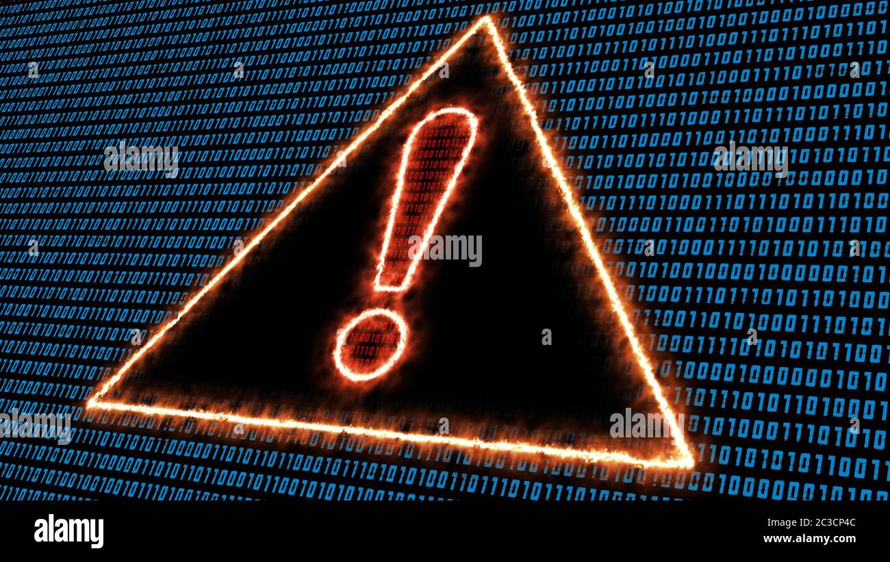 Binary code background in blue colour - burning exclamation mark on ...