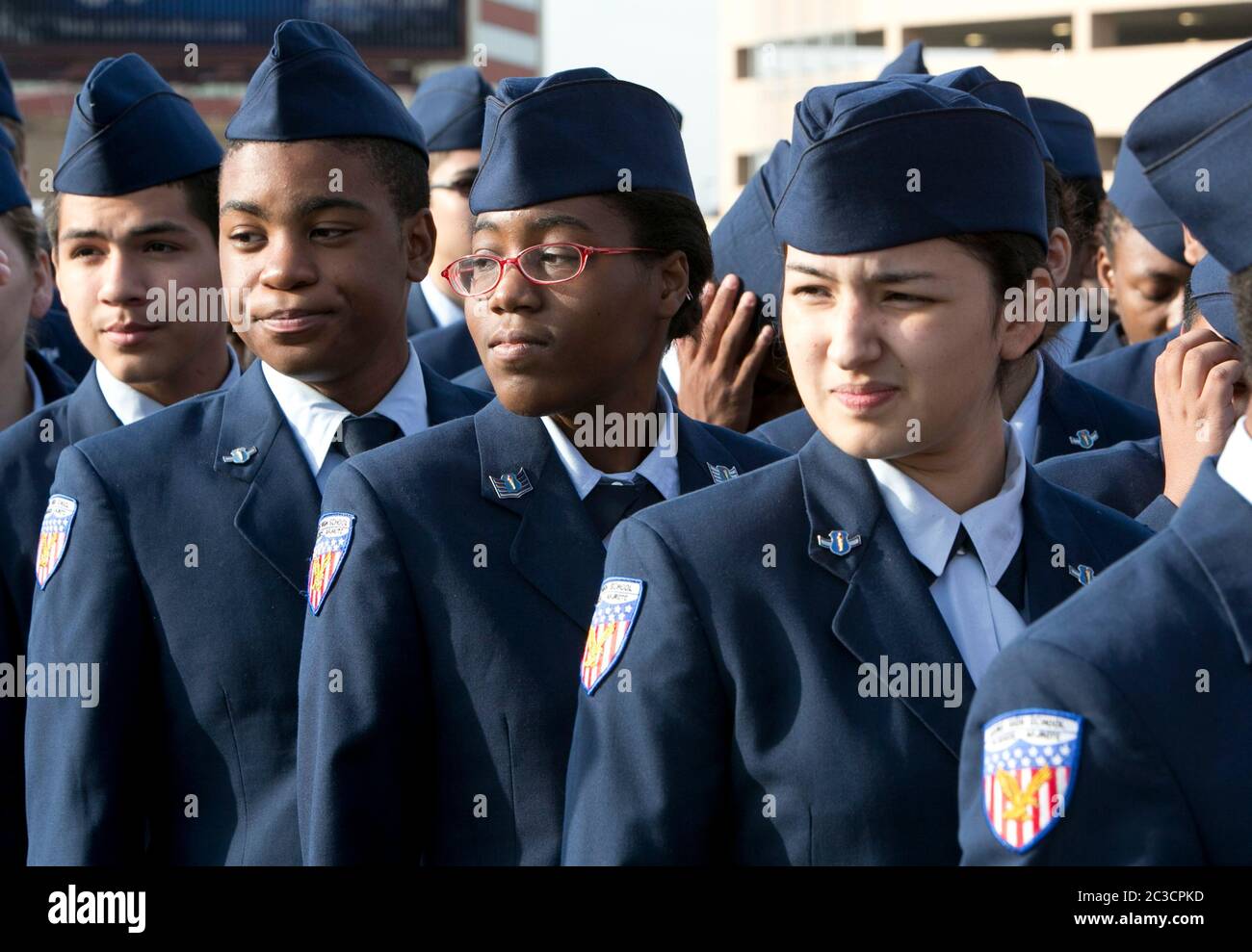 November 11th, 2014 Austin, Texas USA: Uniformed members of a local high school Air Force Junior ROTC group march in the annual Veterans Day parade down Congress Avenue. ©Marjorie Kamys Cotera/Daemmrich Photography Stock Photo