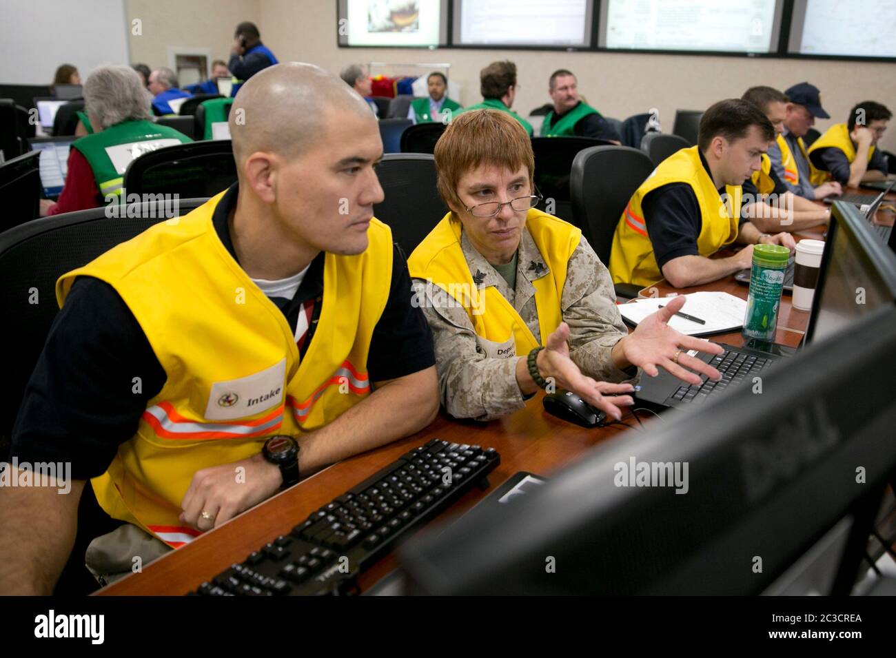 Austin, Texas USA, December 2013: Employees of the Texas Department of Public Safety and Texas Division of Emergency Management conduct an exercise to activate the full Emergency Management Council inside the newly renovated State Operations Center, which would be activated during emergencies and disasters.  ©Marjorie Kamys Cotera/Daemmrich Photography Stock Photo