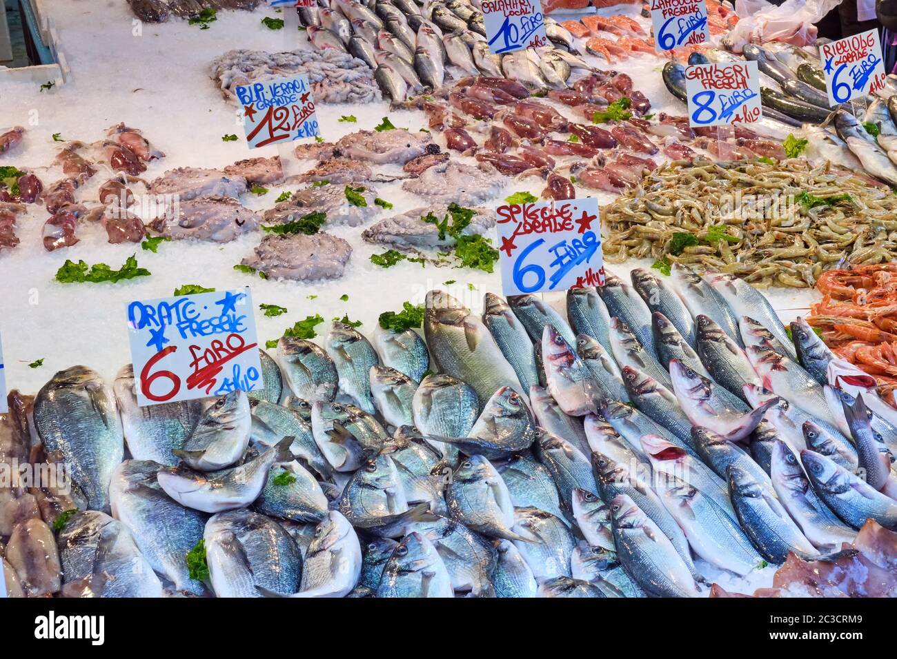 Fresh fish and seafood for sale at a market in Naples, Italy Stock