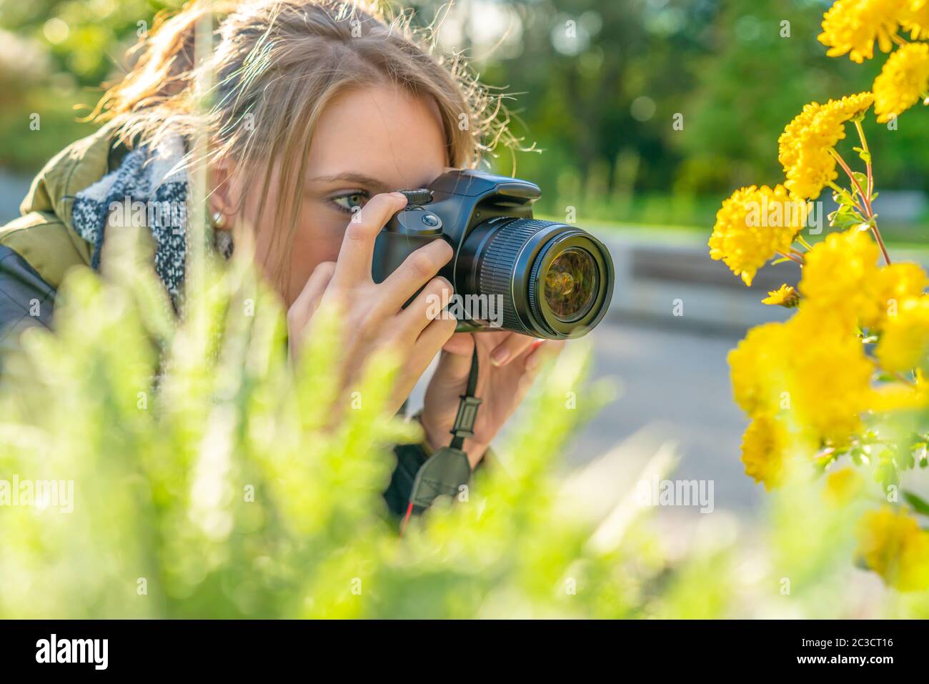 a young woman takes nature photos in a park Stock Photo - Alamy