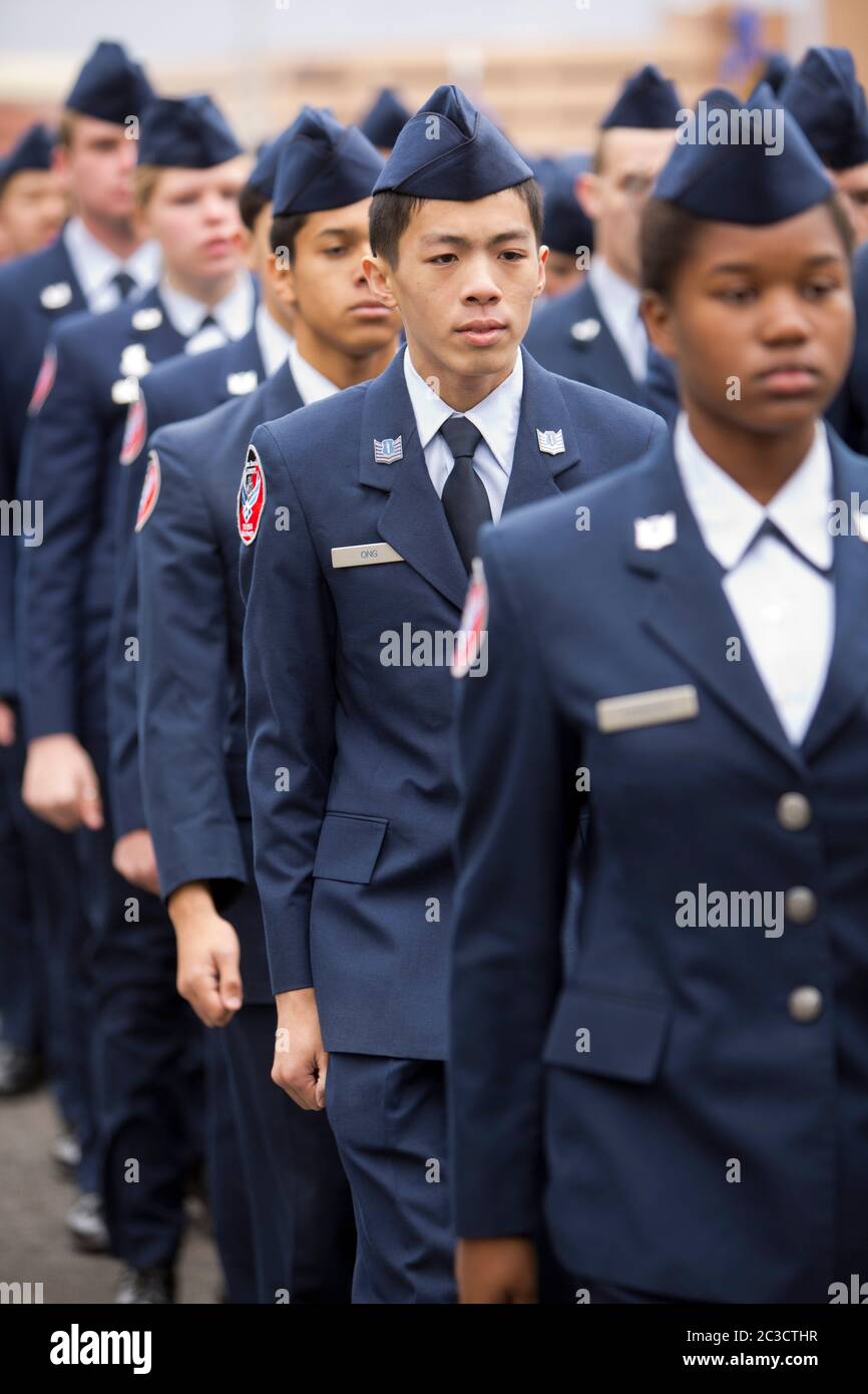 November 11th, 2014 Austin, Texas USA: Uniformed members of a local high school Air Force Junior ROTC group march in the annual Veterans Day parade down Congress Avenue. ©Marjorie Kamys Cotera/Daemmrich Photography Stock Photo