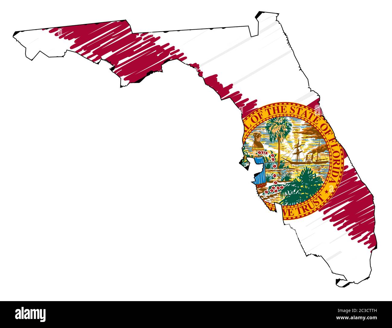 Grunge outline of the map of Florida isolated on white with flag inset ...