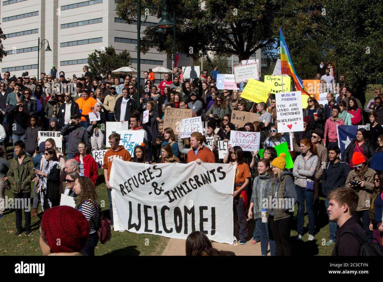 Austin, Texas USA, Nov. 22, 2015: Group gathers at Wooldridge Park in downtown Austin to protest Gov. Greg Abbott's decision to ban Syrian refugees from entering the state. The Syrian People Solidarity Group organized the protest, which attracted several hundred demonstrators.©MKC/Bob Daemmrich Photography, Inc. Stock Photo