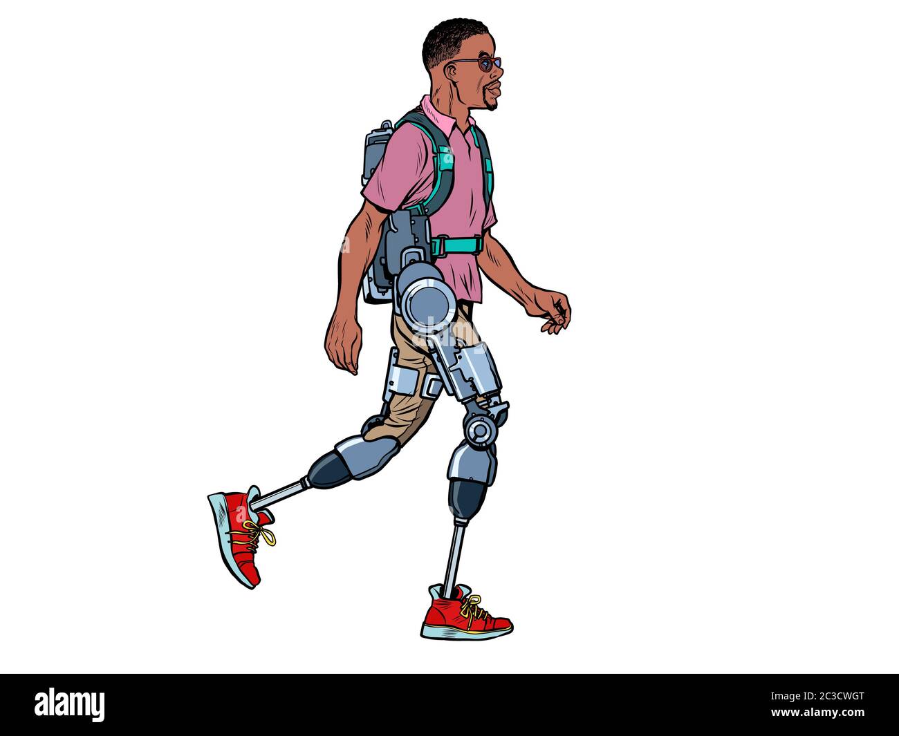 exoskeleton for the disabled. african man legless veteran walks. rehabilitation treatment recovery. science and technology. pop art retro vector illus Stock Photo
