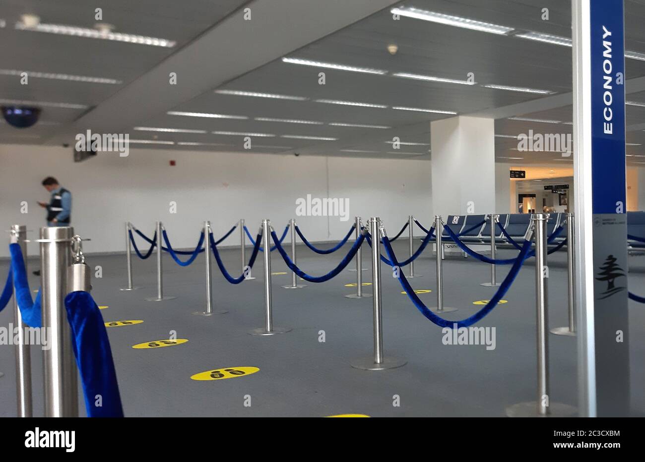 Beirut. 19th June, 2020. Photo taken on June 19, 2020 shows signs on the ground reminding people of social distancing at Beirut Rafic Hariri International Airport in Beirut, Lebanon. The airport is expected to reopen on July 1. Credit: Bilal Jawich/Xinhua/Alamy Live News Stock Photo