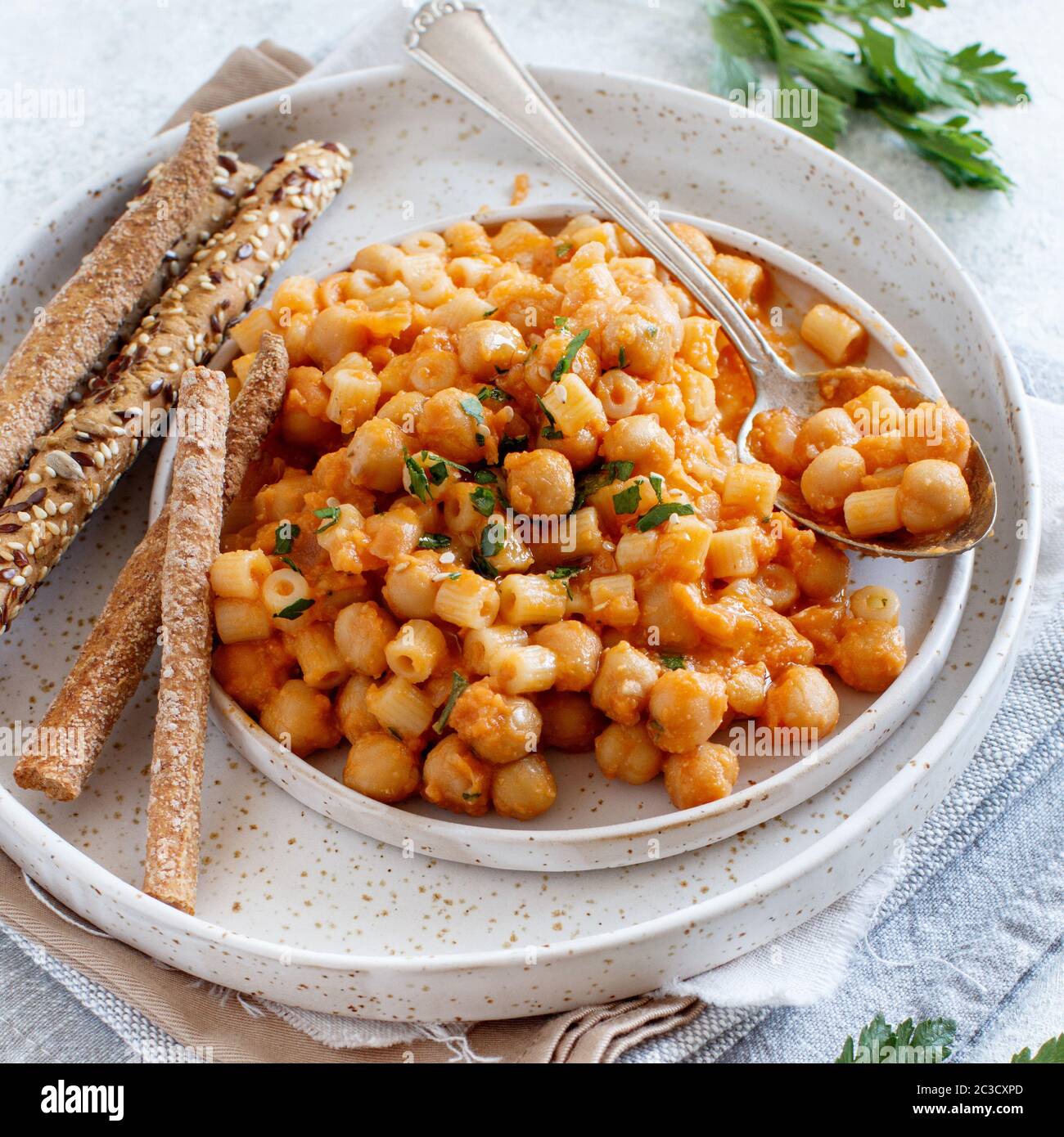 Ditalini pasta with chickpeas italian recipe close up Stock Photo Alamy