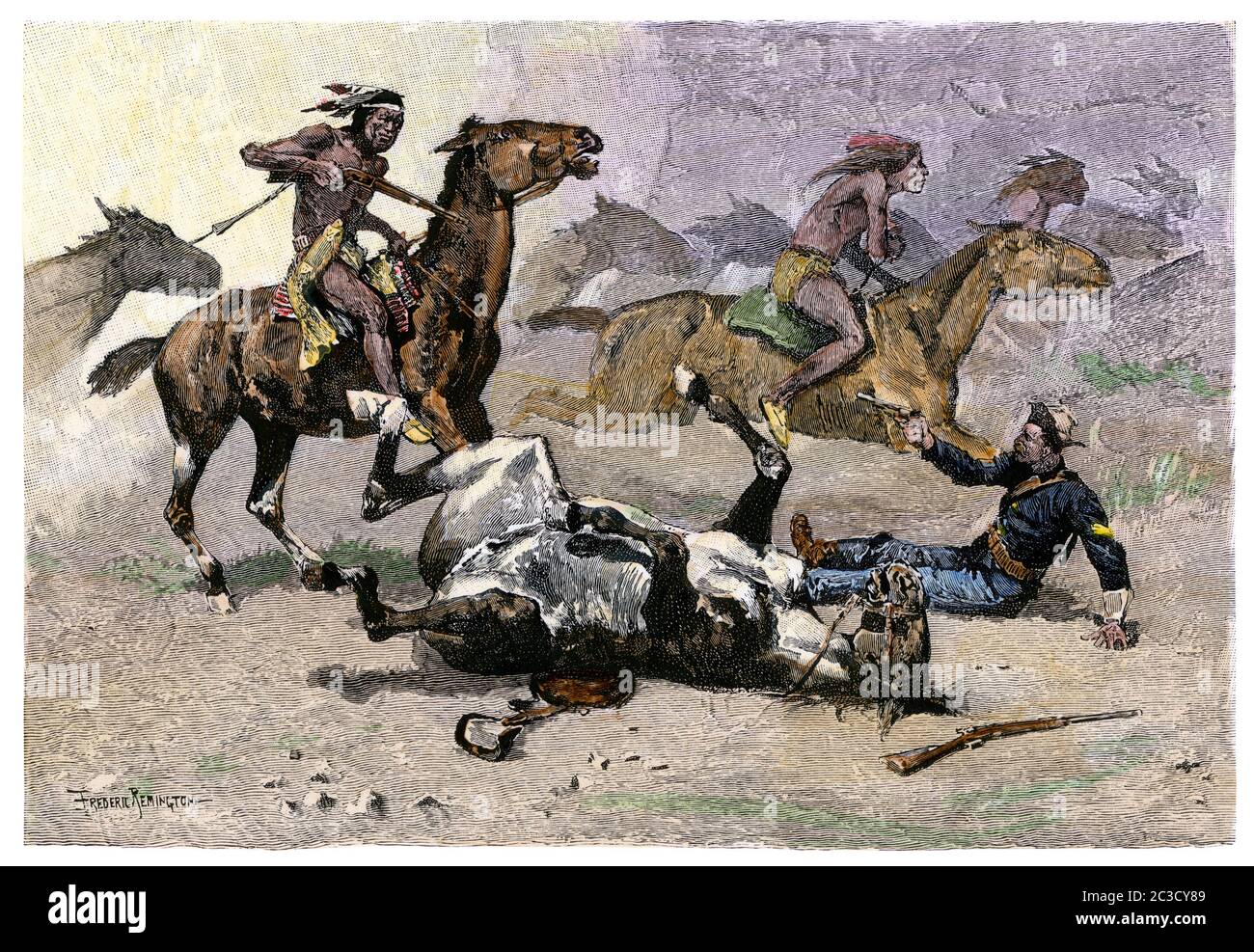 US Cavalryman unhorsed, battle of Little Bighorn, 1876. Hand-colored woodcut of a Frederic Remington illustration Stock Photo