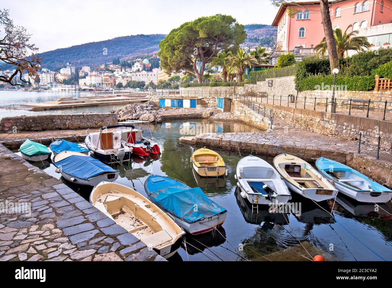 Town of Opatija small harbor on Lungomare walkway view, Stock Photo
