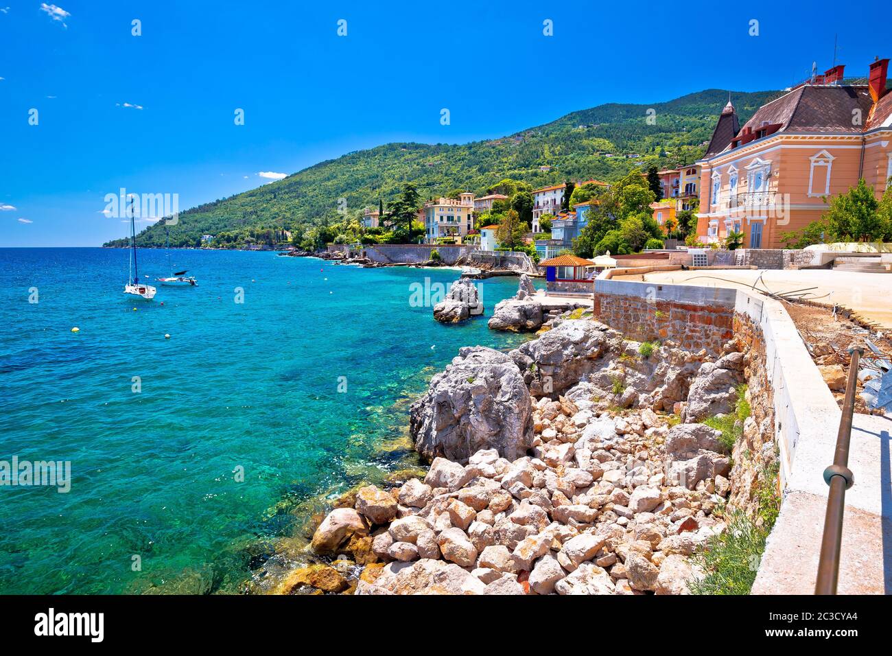 Town of Lovran coastline villas and turquoise sea view, Stock Photo