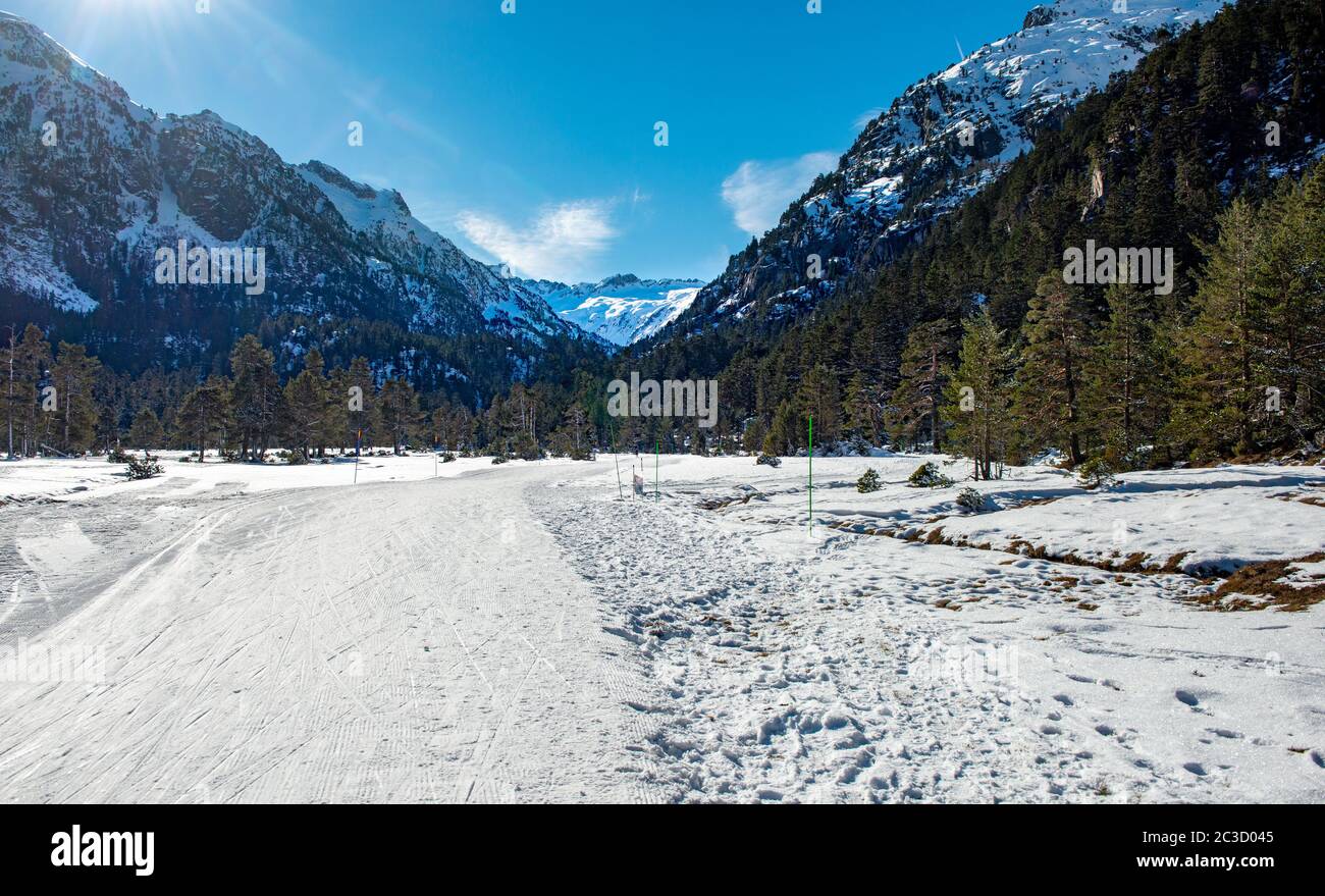 a snowy landscape in the french Pyrenees mountains Stock Photo
