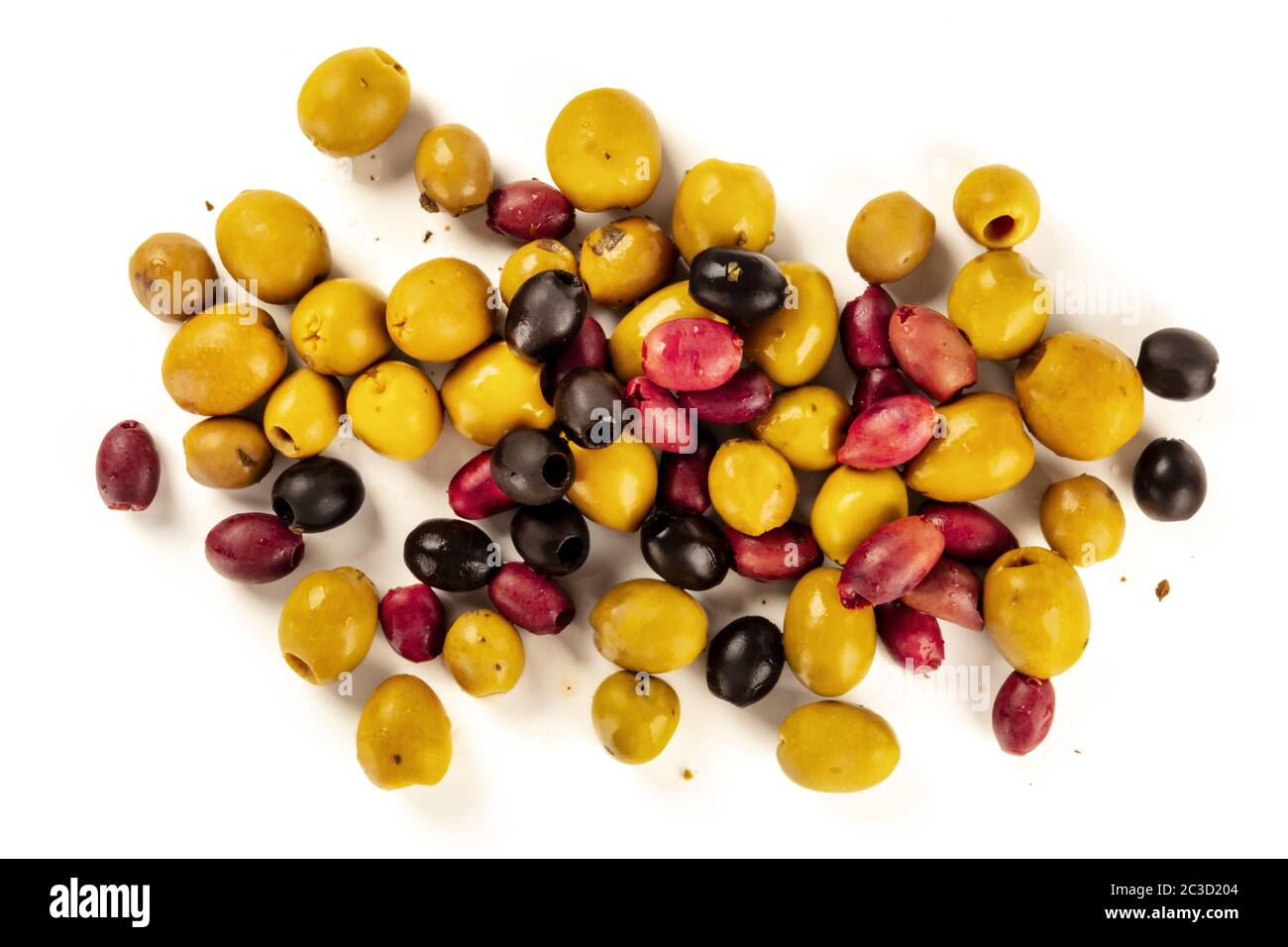 Olives, green, black and brown, shot from above on a white background Stock Photo