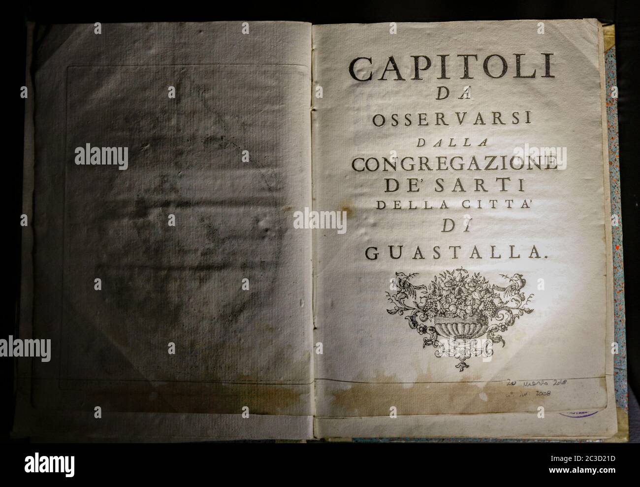 Italy Emilia Romagna Guastalla - Picture gallery of the Maldotti library - Ancient tailoring text Stock Photo