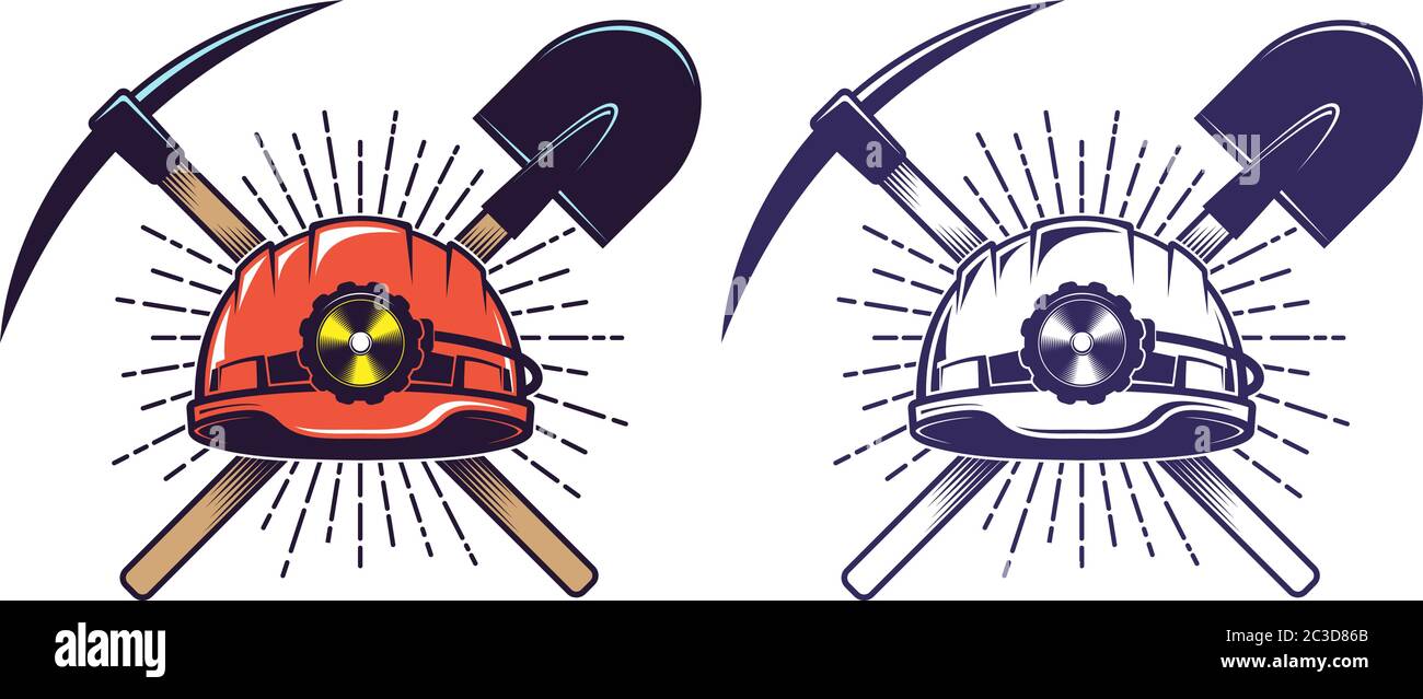 Mining logo with helmet pick and shovel in retro vintage style Stock Vector