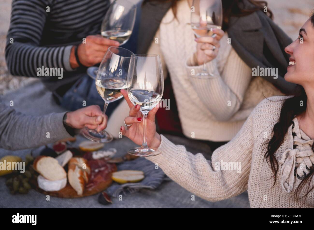Happy friends celebrating special occasion together on beach at weekend