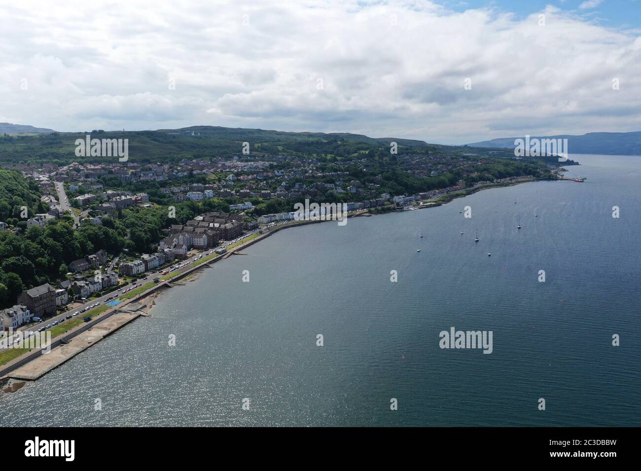 Aerial drone view over Gourock looking west towards McInroy's Point ferry terminal. Stock Photo