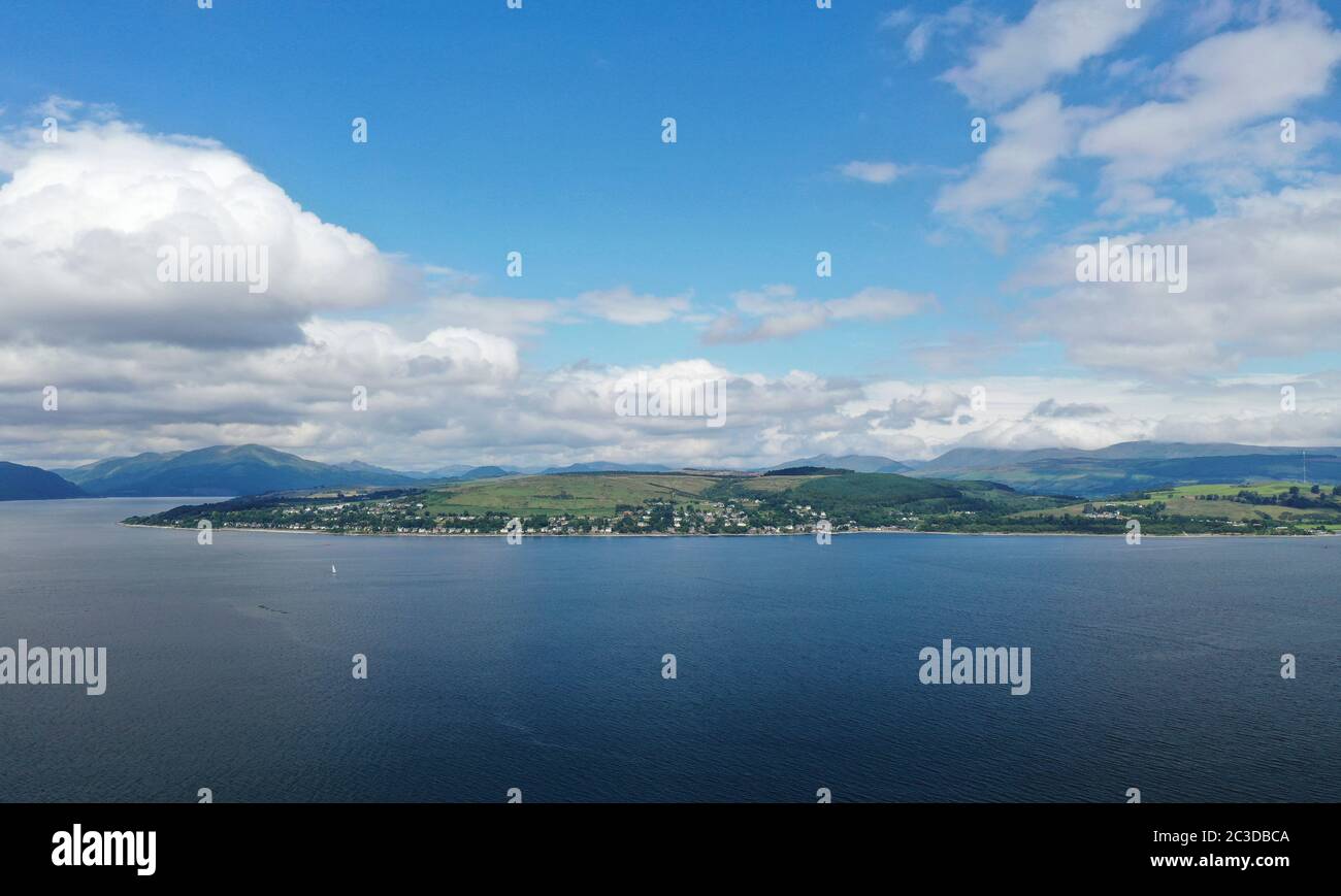 Aerial drone view looking west across Firth of Clyde towards Kilcreggan and Loch Long Stock Photo