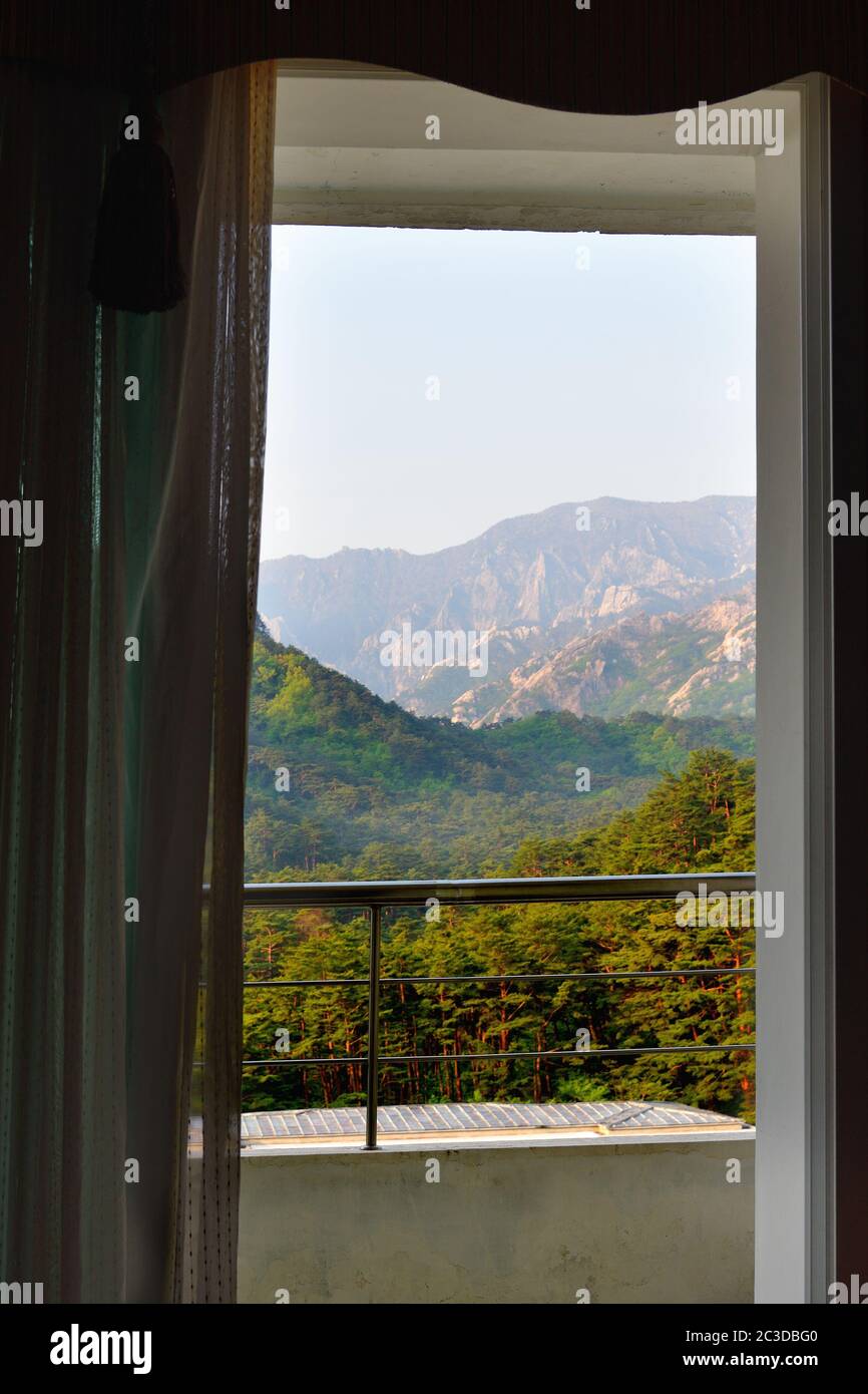 Diamond Mountains North Korea May 4 19 View On The Mountain Landscape Through Open Balcony Door In The Kumgangsan Hotel At Sunrise A 1st Class Stock Photo Alamy