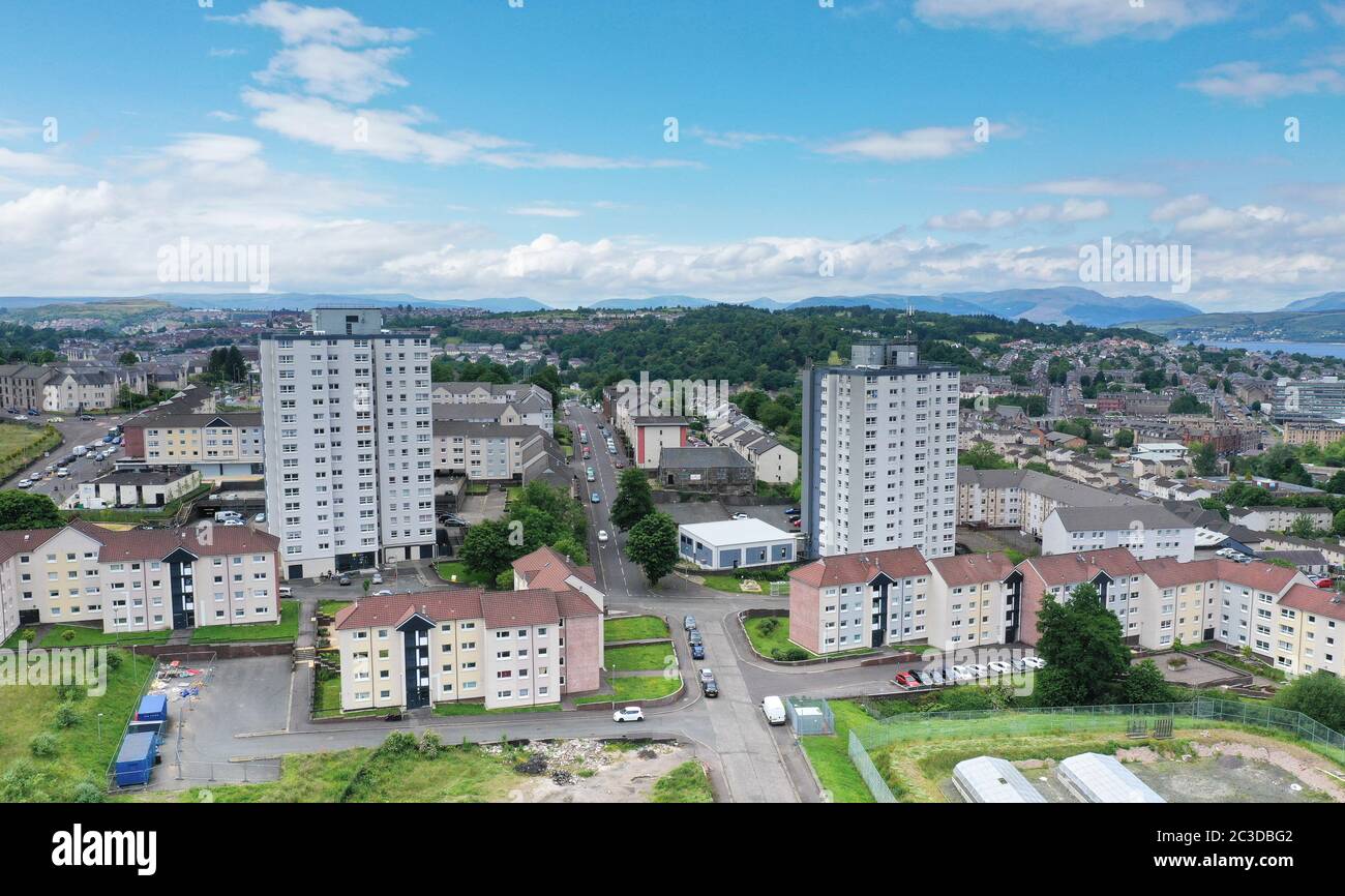 Aerial drone view of Broomhill housing development Greenock Inverclyde Stock Photo