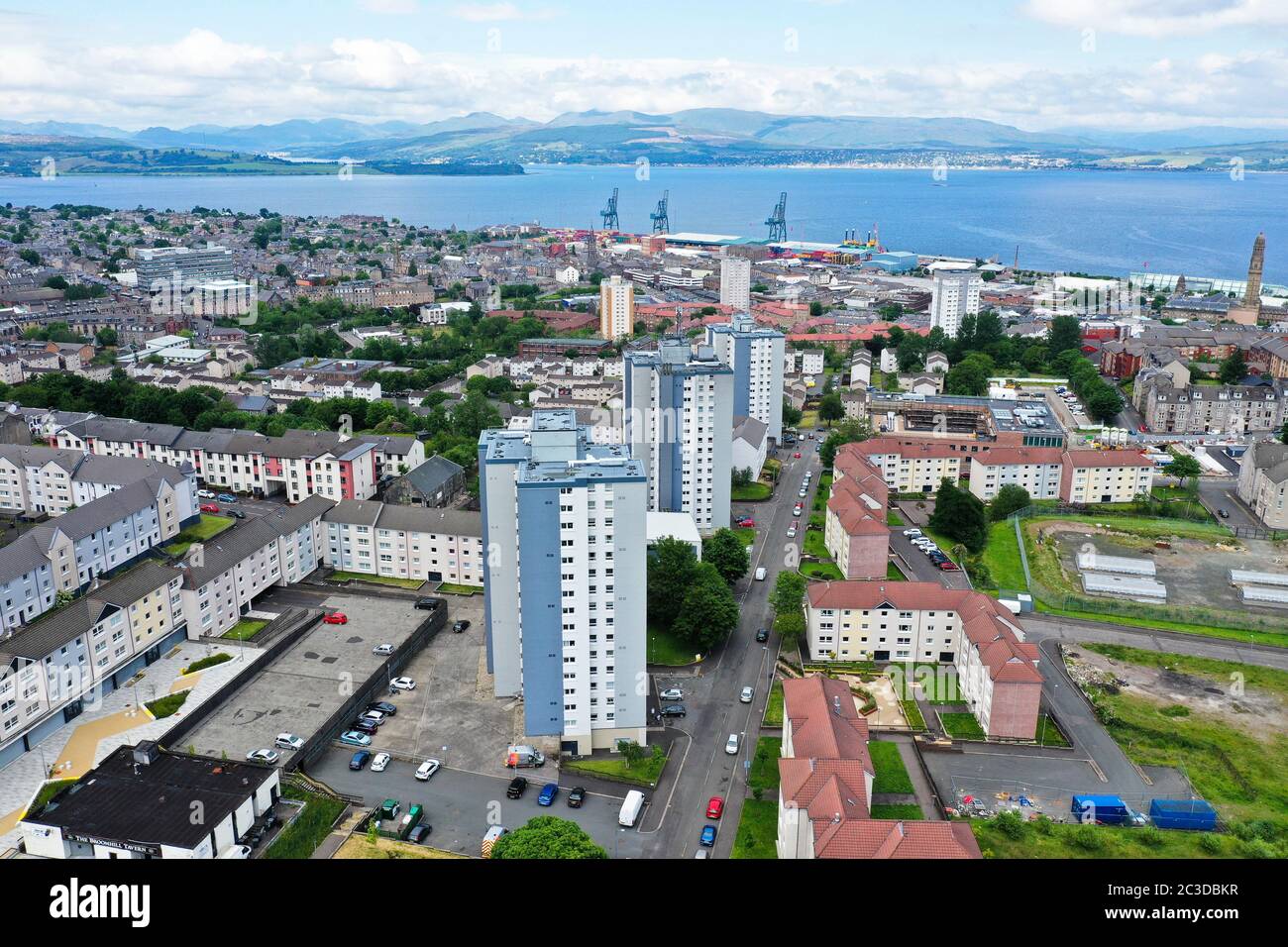 Aerial drone view of Broomhill housing development Greenock Inverclyde Stock Photo