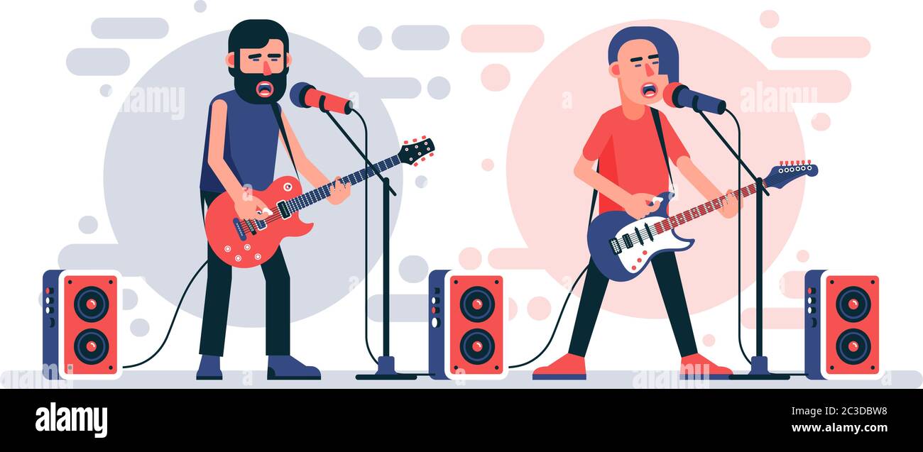 Rock singer with an electric guitar sings into microphone on stage