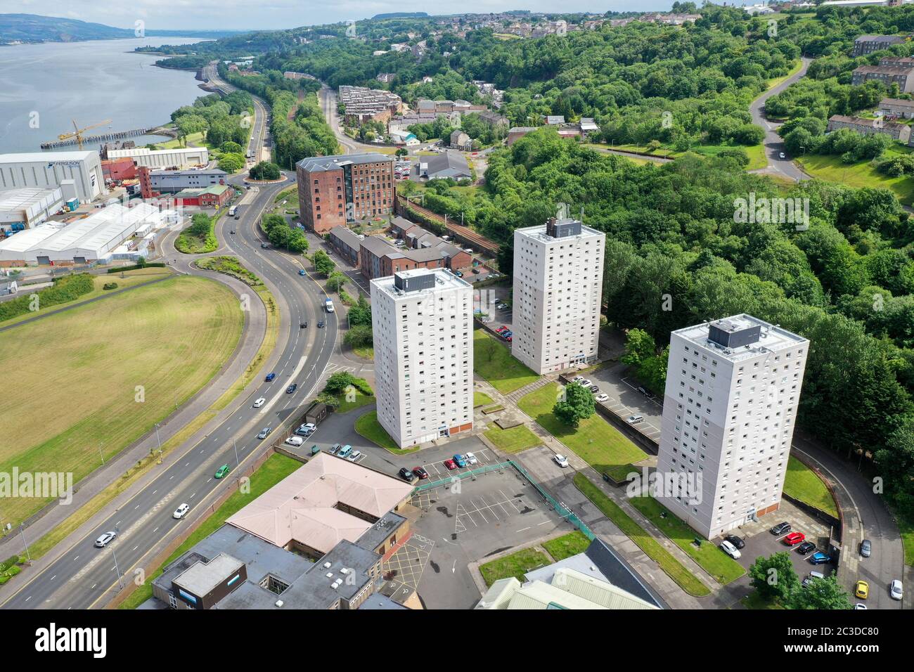 Aerial drone view of high rise tower blocks Port Glasgow Stock Photo ...