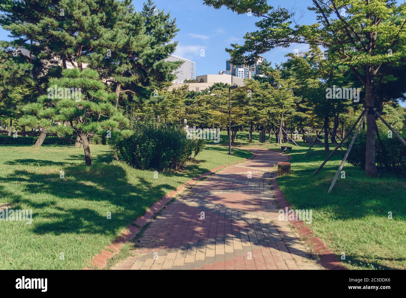 beauty of landscaped APEC Naru park on sunny day in Busan Stock Photo