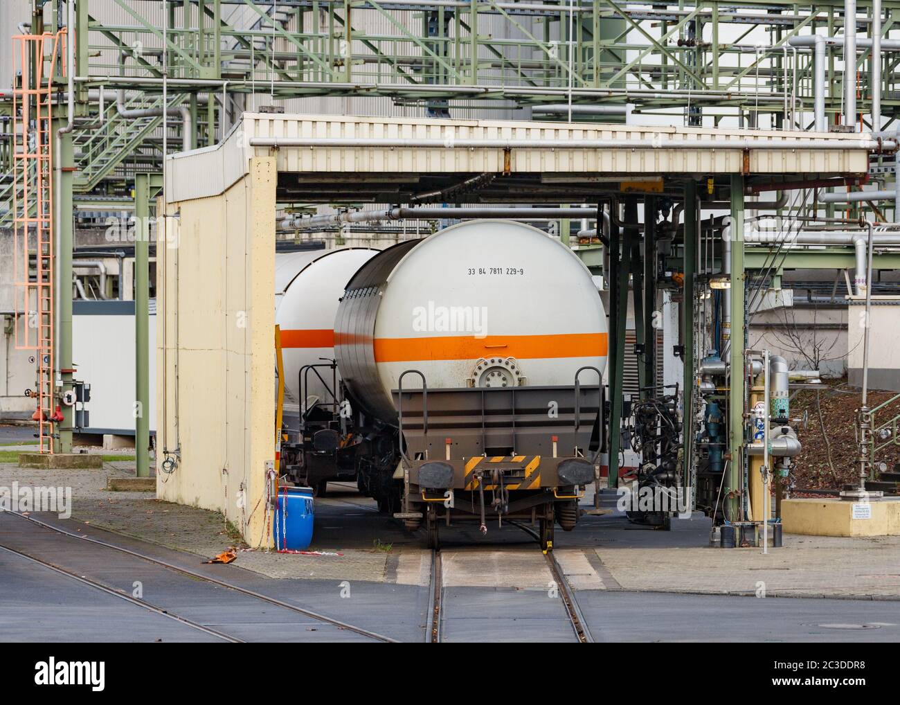 Unloading of a tank wagon with substances hazardous to waters at a chemical plant in Germany. Stock Photo