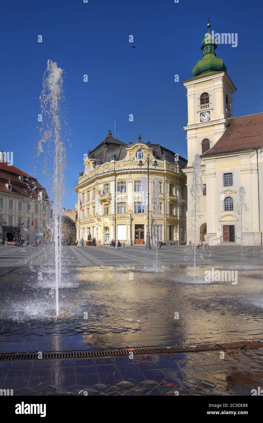 Sibiu, Transylvania, Romania central square at night time. Hermannstadt  city Stock Photo - Alamy