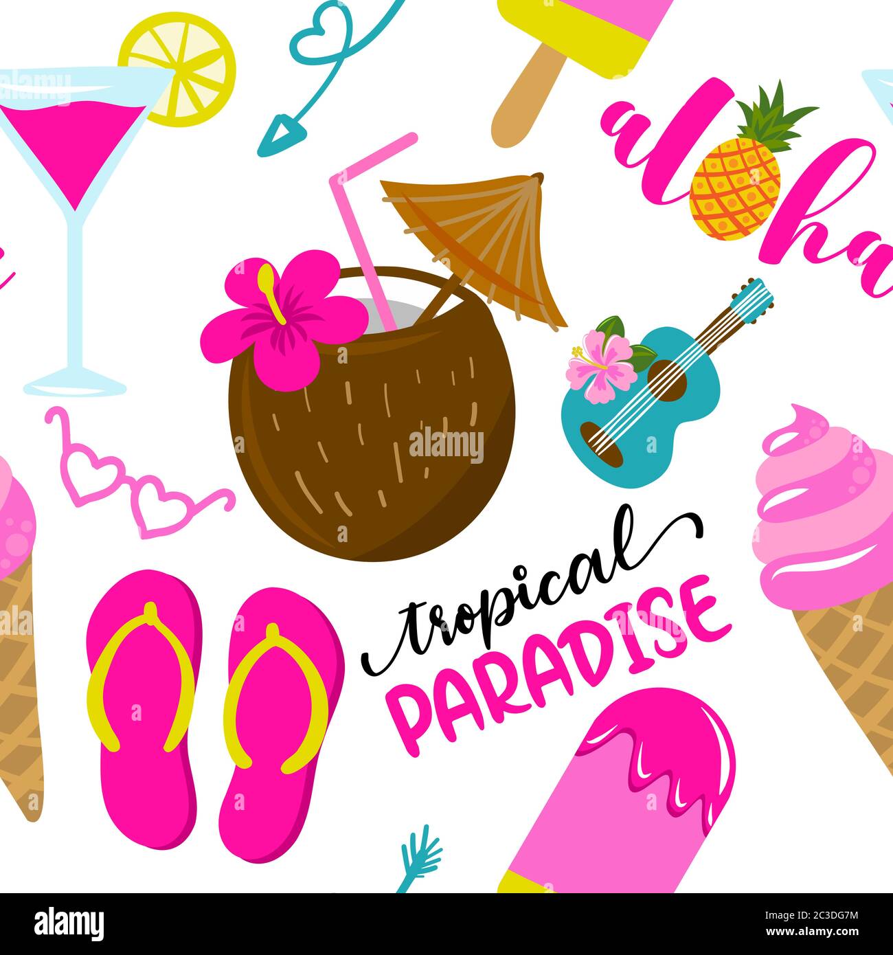 Cute tropical coctails and ice cream pattern background - funny vector drawing seamless pattern. Lettering poster or t-shirt textile graphic design. / Stock Vector