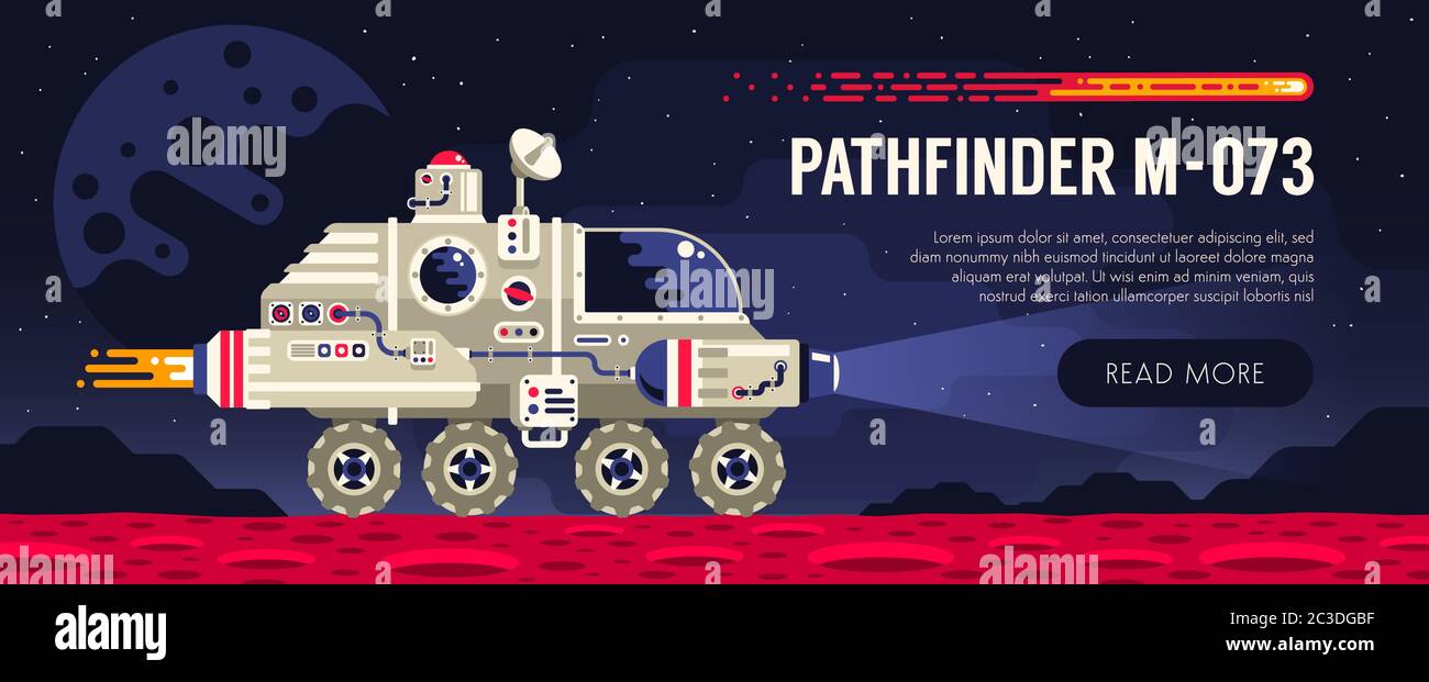 Space rover on red planet surface. Exploring an alien planet. Stock Vector