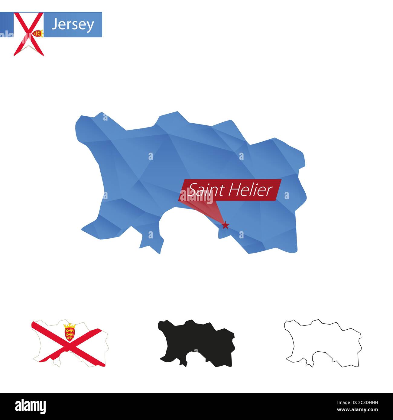Jersey blue Low Poly map with capital Saint Helier, versions with flag, black and outline. Vector Illustration. Stock Vector