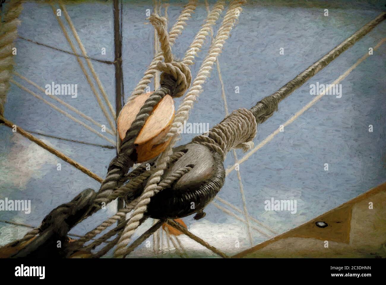 Antique block and tackle with lines on old sailing ship Stock Photo Alamy