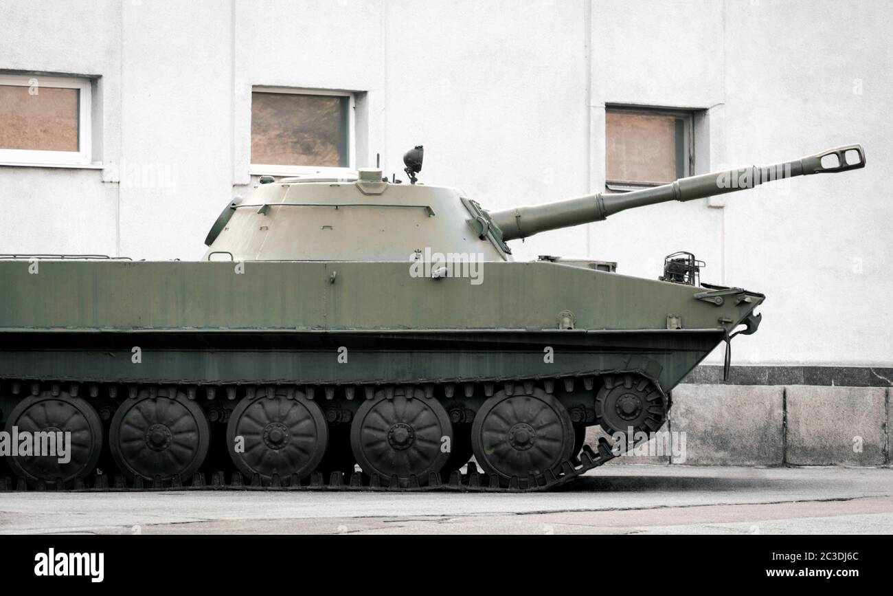 military army equipment armored tank on a city street in Ukraine Stock Photo