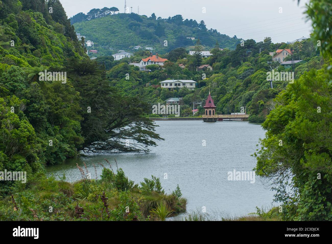 View of Zealandia, formerly known as the Karori Wildlife Sanctuary, with the lake and the valve tower near Wellington on the southern tip of the North Stock Photo