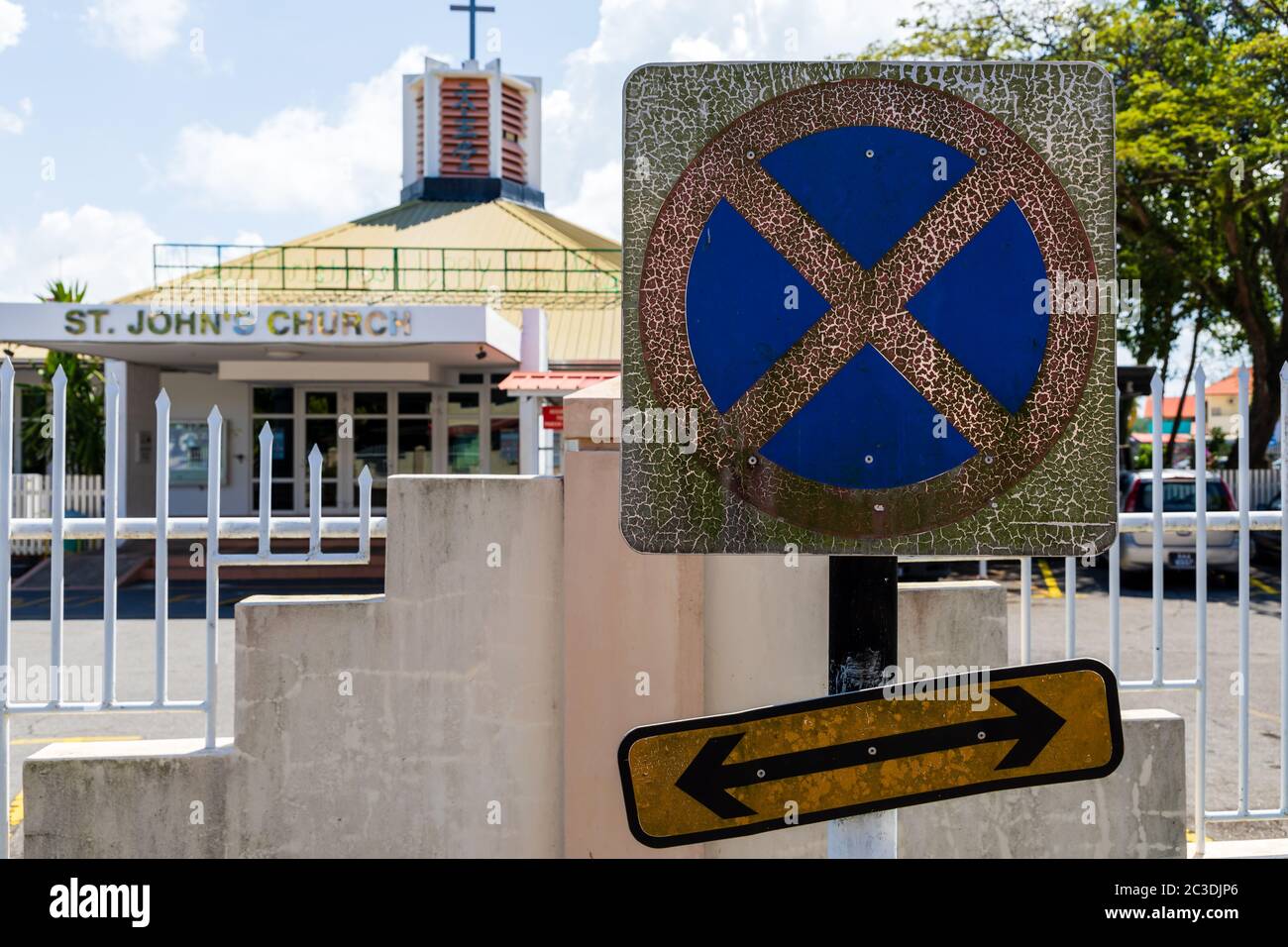 No stopping sign in front of Catholic Church St. John in Kuala Belait, Brunei Stock Photo