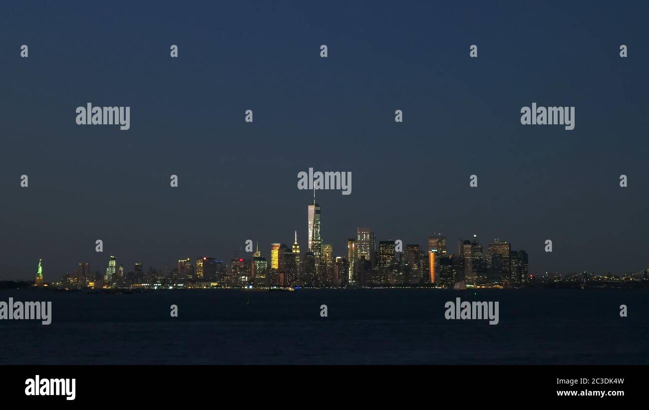 long view of the night skyline of manhatten, ny Stock Photo