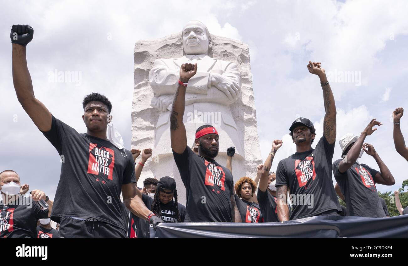 Washington, United States. 19th June, 2020. Members of the Washington Wizards including Bradley Beal and John Wall participate in a Juneteenth rally at the Martin Luther King Jr. Memorial on Friday, June 19, 2020 in Washington, DC. Juneteenth, or June 19th, marks the date of the end of slavery in the United States. Photo by Kevin Dietsch/UPI Credit: UPI/Alamy Live News Stock Photo