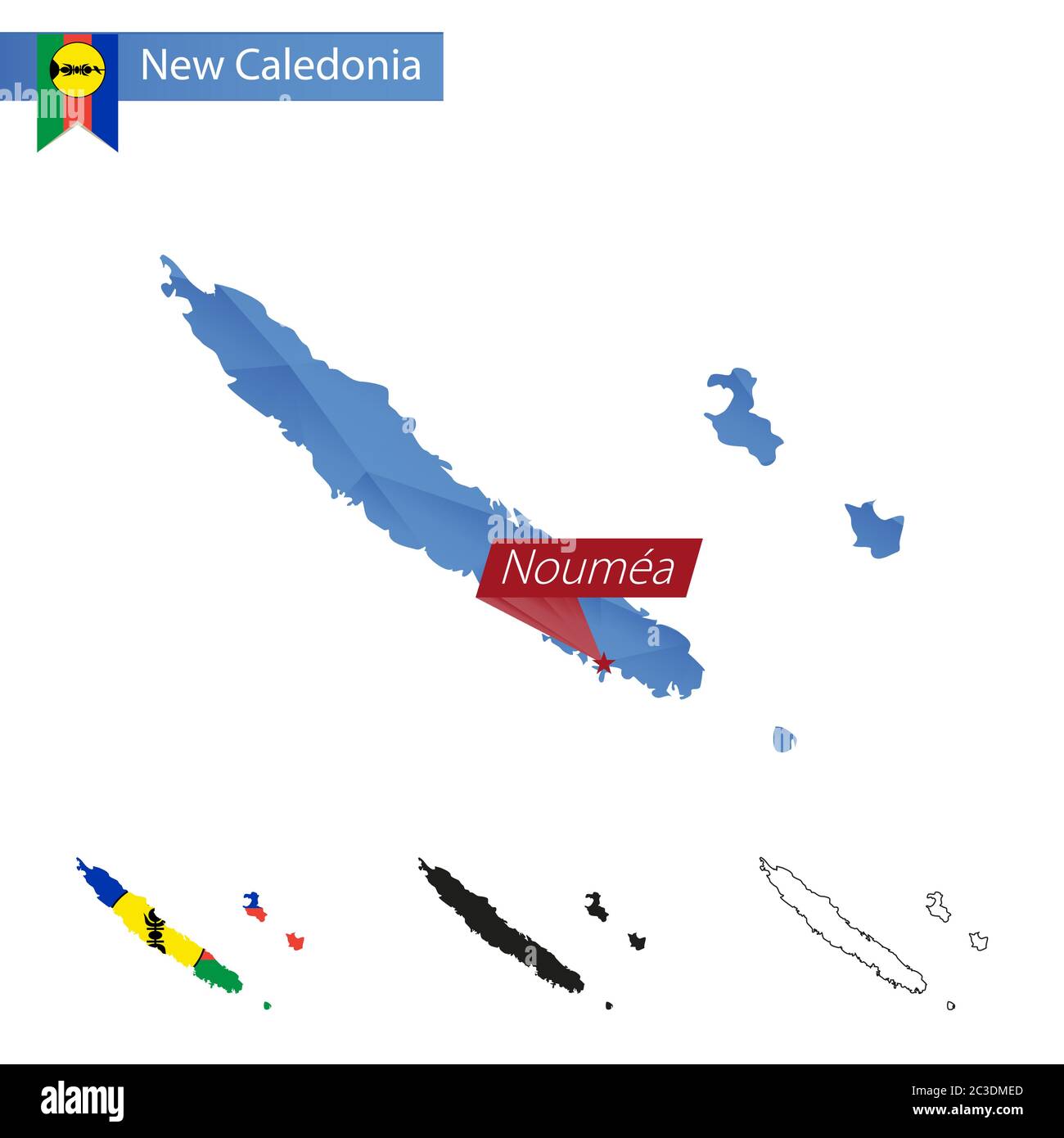 New Caledonia blue Low Poly map with capital Noumea, versions with flag ...