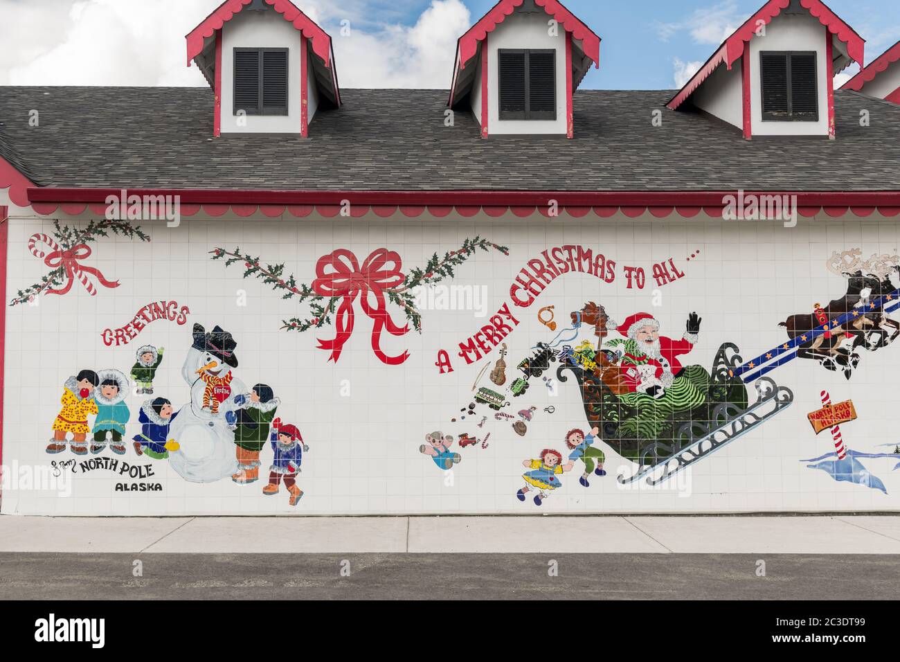 The exterior view of the Santa Claus House in North Pole, Alaska. The Christmas shop is open all year and a popular tourist destination. Stock Photo
