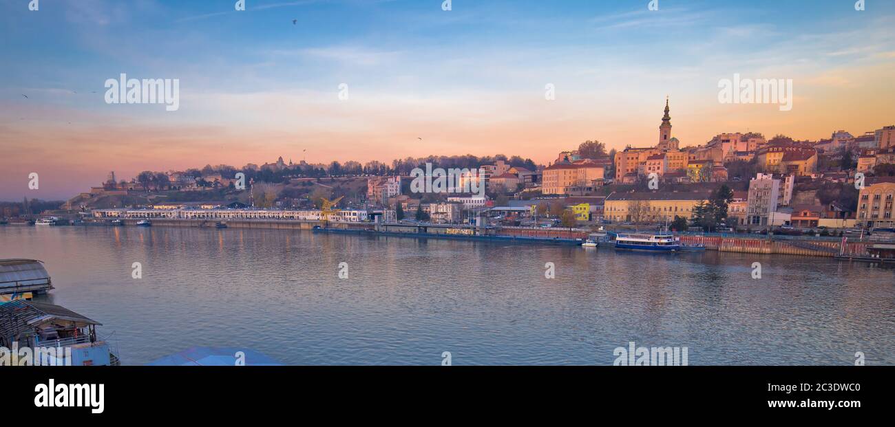 Belgrade Danube river boats and cityscape panoramic view Stock Photo