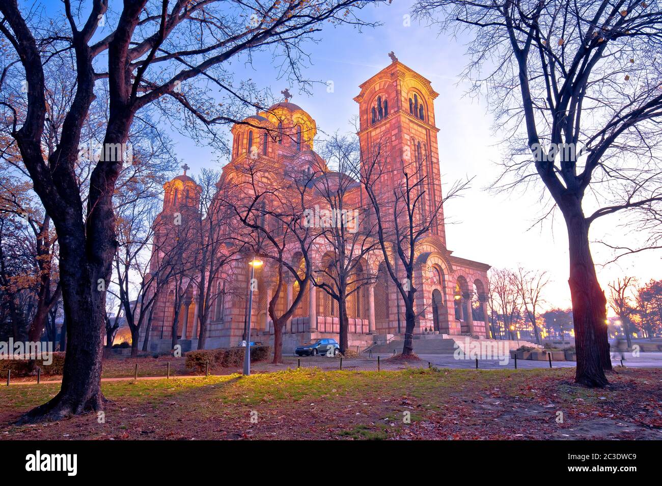 Church of Saint Mark amd park in Belgrade dawn view Stock Photo
