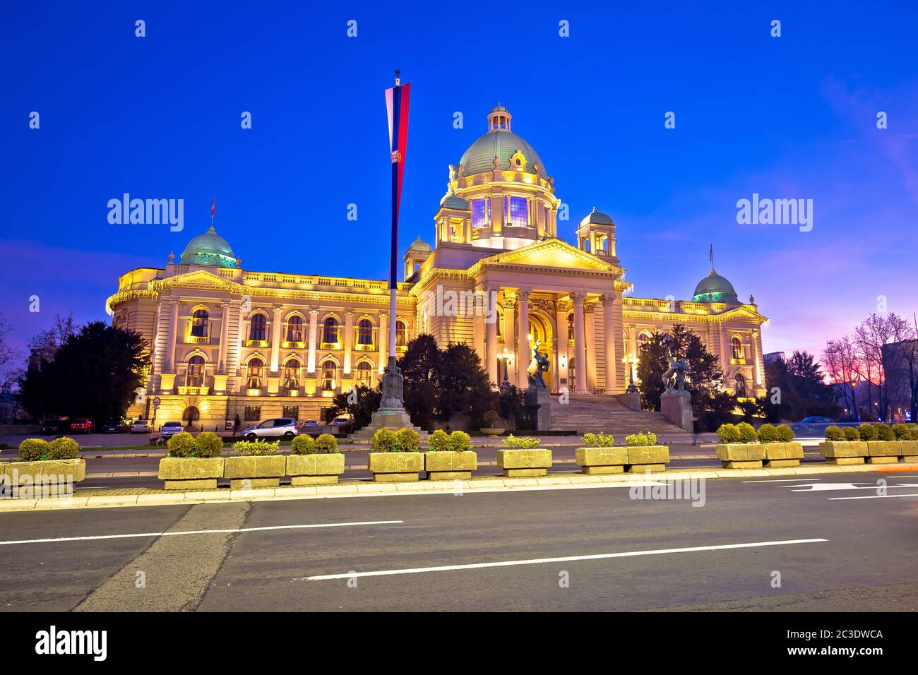 Belgrade. Dawn street view of famous landmarks in Belgrade, serbian parliament building Stock Photo