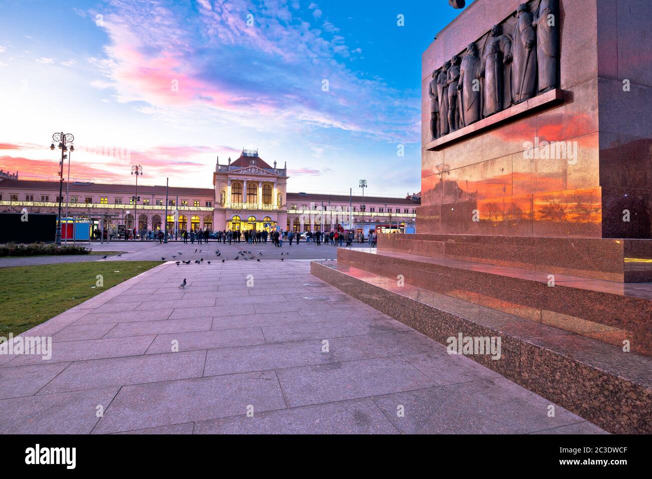 Zagreb central station and King Tomislav square sunset view Stock Photo