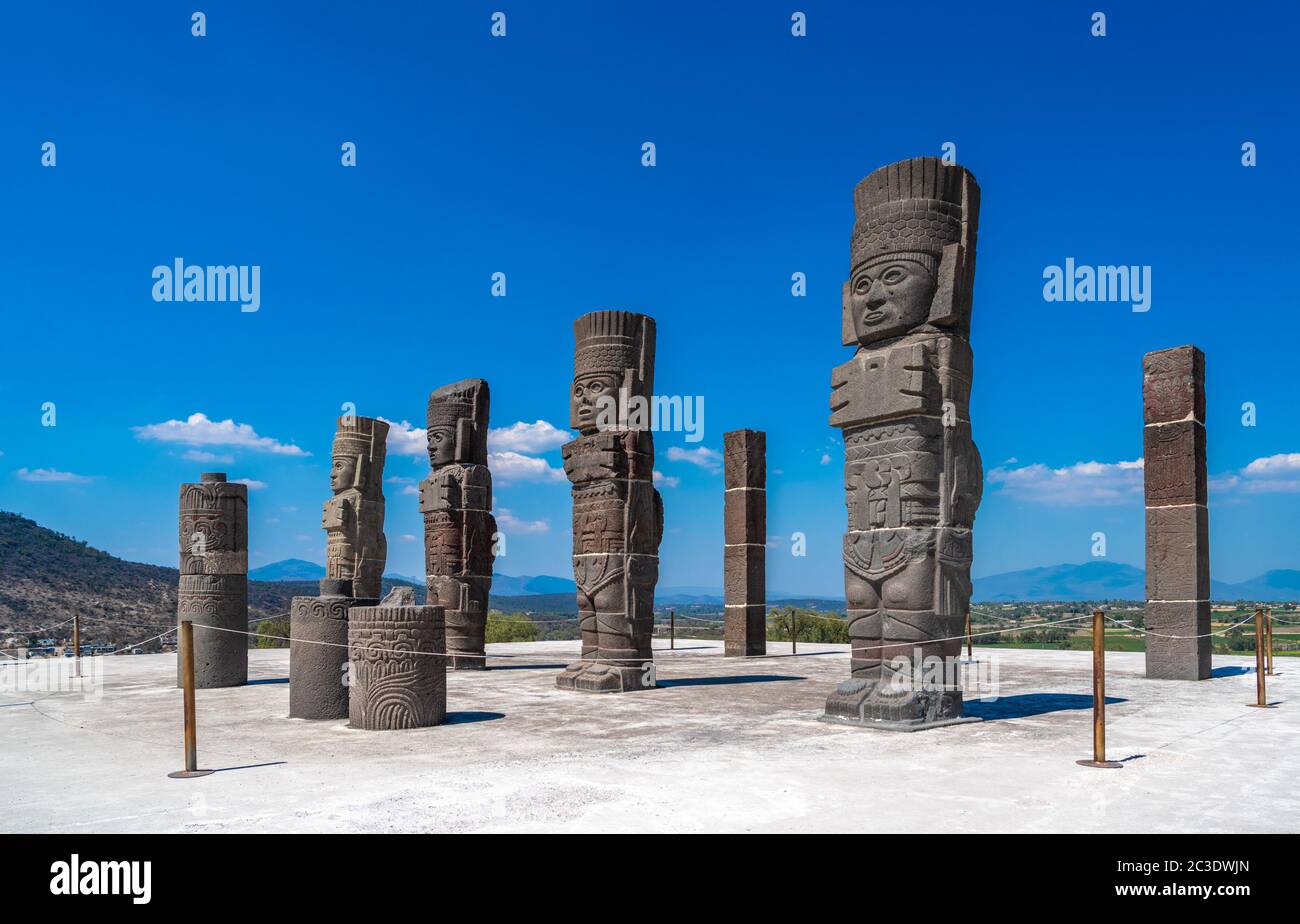 Toltec Warriors or Atlantes columns at Pyramid of Quetzalcoatl in Tula, Mexico Stock Photo