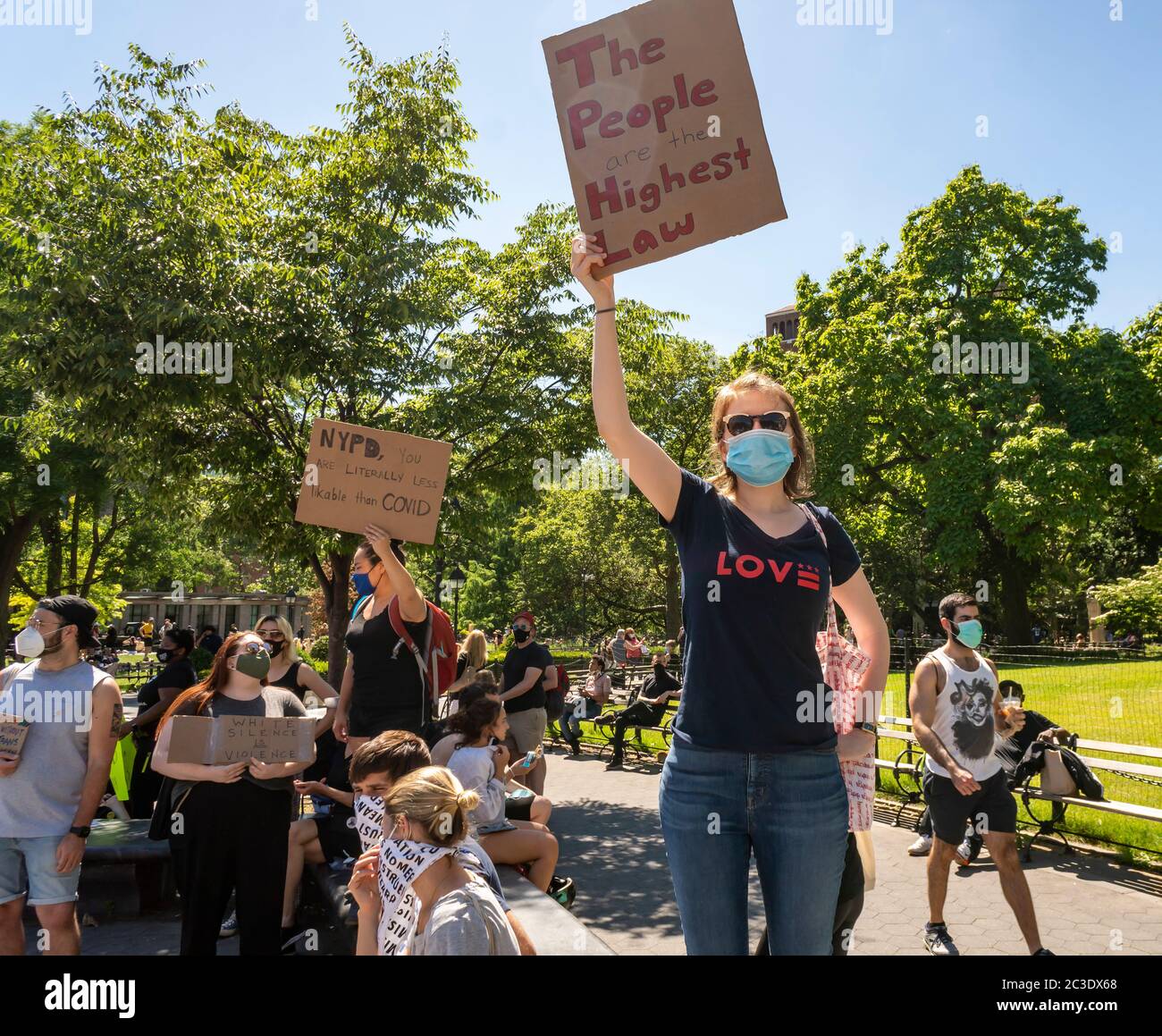 Black Lives Matter demonstrators rally, prior to marching, in Washington Square Park in New York protesting the death of George Floyd, seen on Saturday, June 13, 2020. (© Richard B. Levine) Stock Photo