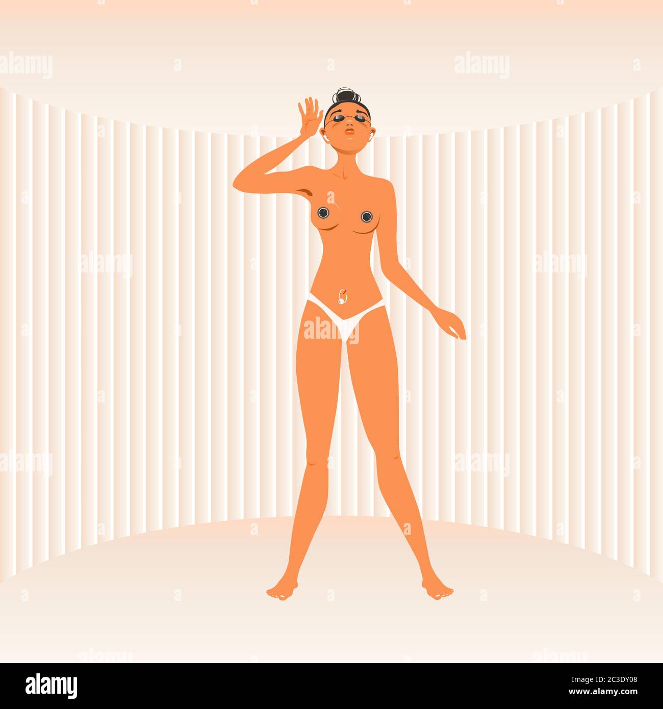 A young attractive girl sunbathes in a vertical tanning booth. Beauty Salon Concept. Character in a flat style vector illustration. Stock Vector