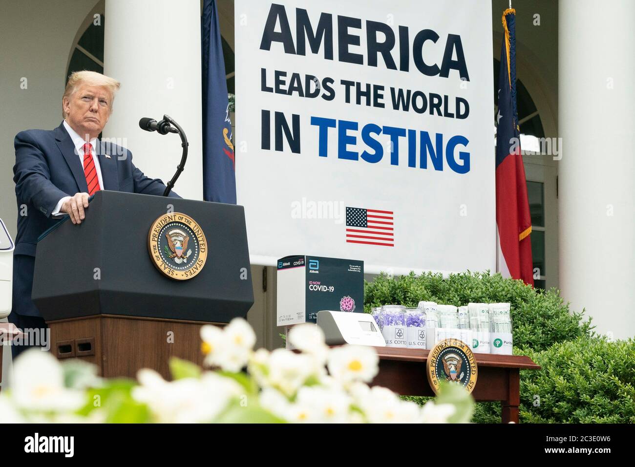 President Donald J. Trump listens to a reporter’s question at an update briefing on testing capacity Monday, May 11, 2020, in the Rose Garden of the White House. Stock Photo