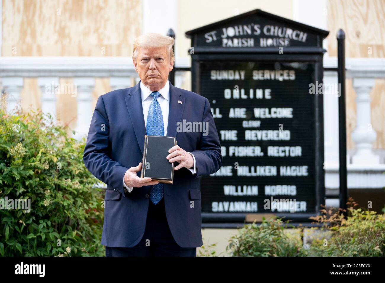 President Donald J. Trump walks from the White House Monday evening, June 1, 2020, to St. John’s Episcopal Church, known as the church of Presidents’s, that was damaged by fire during demonstrations in nearby LaFayette Square Sunday evening. Stock Photo