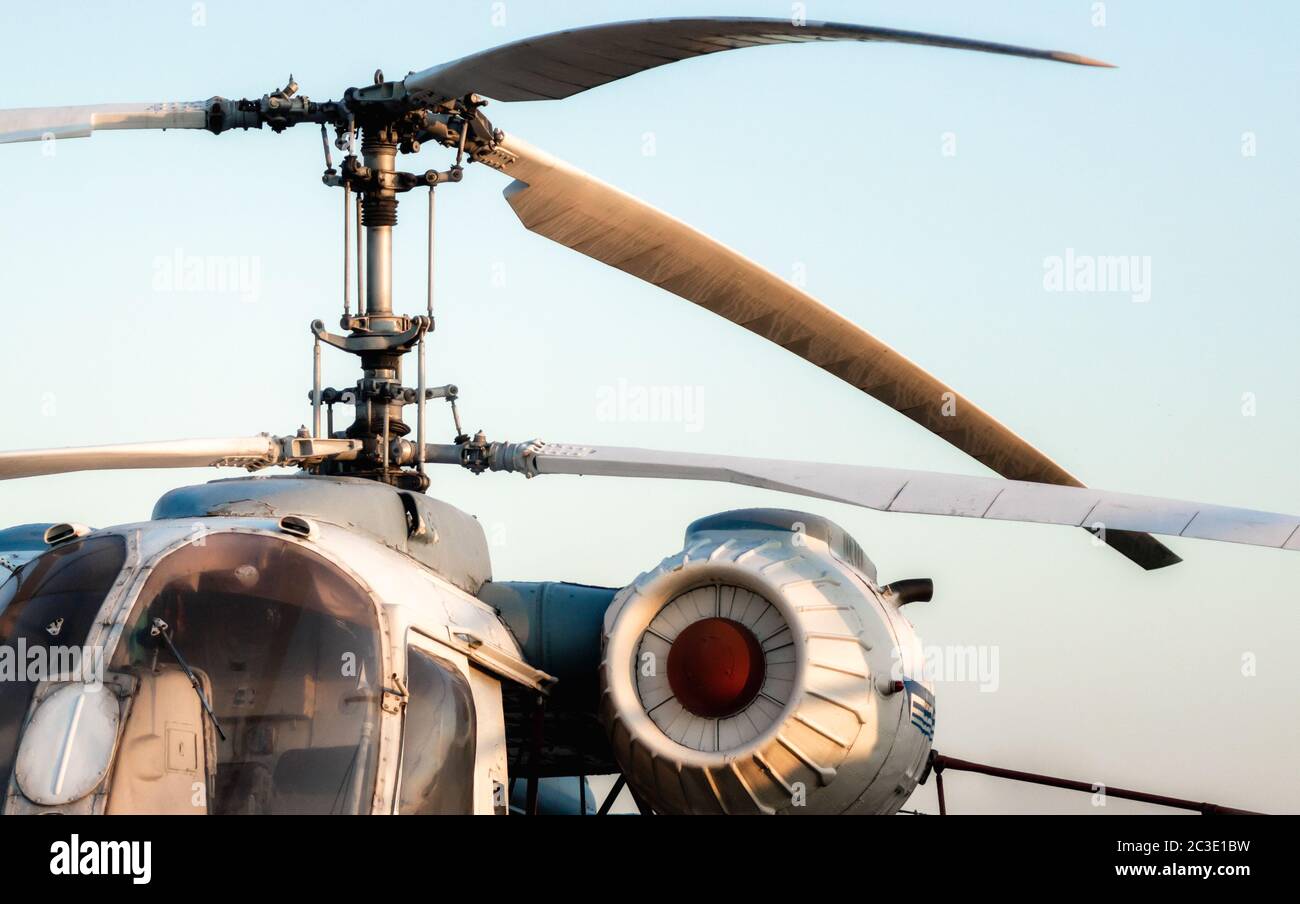 engine and propeller blades of an old vintage helicopter Stock Photo